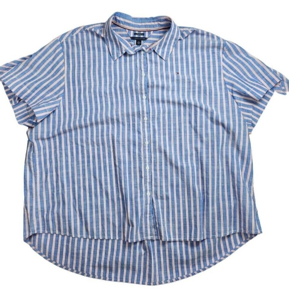 Tommy Hilfiger Blue White Striped Short Sleeve‎ Tie Cuff Shirt Relaxed Fit